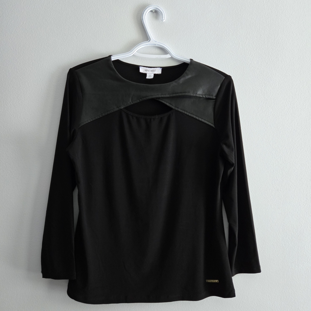 Nine West Black Long Sleeve Top with Leather Detail